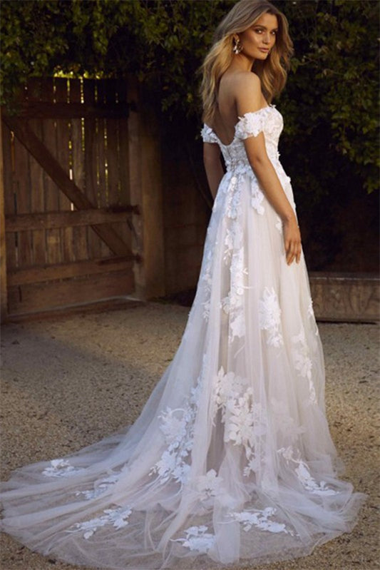 Off-the-Shoulder Tulle A-Line Wedding Dress with Lace Appliques
