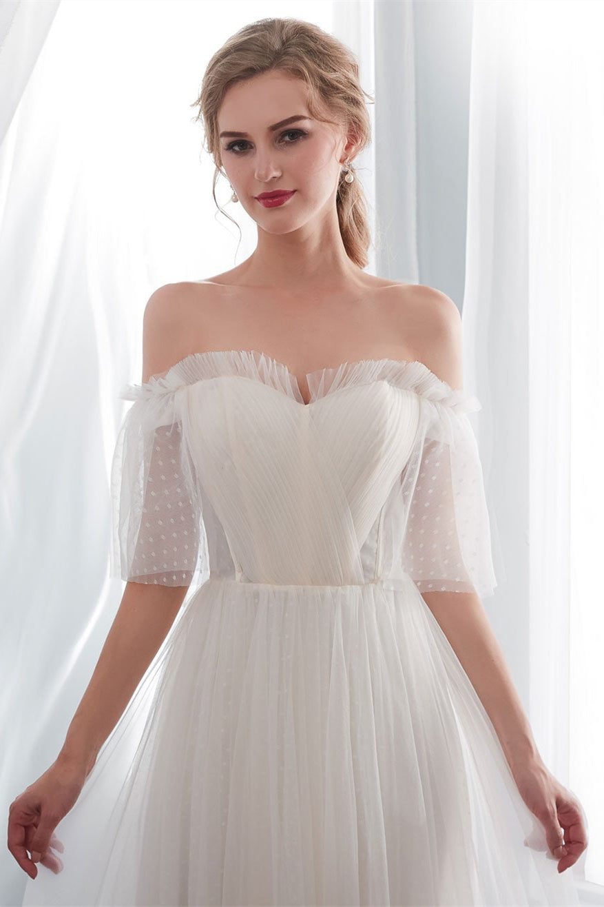 Off-the-Shoulder Tulle Beach Wedding Dress