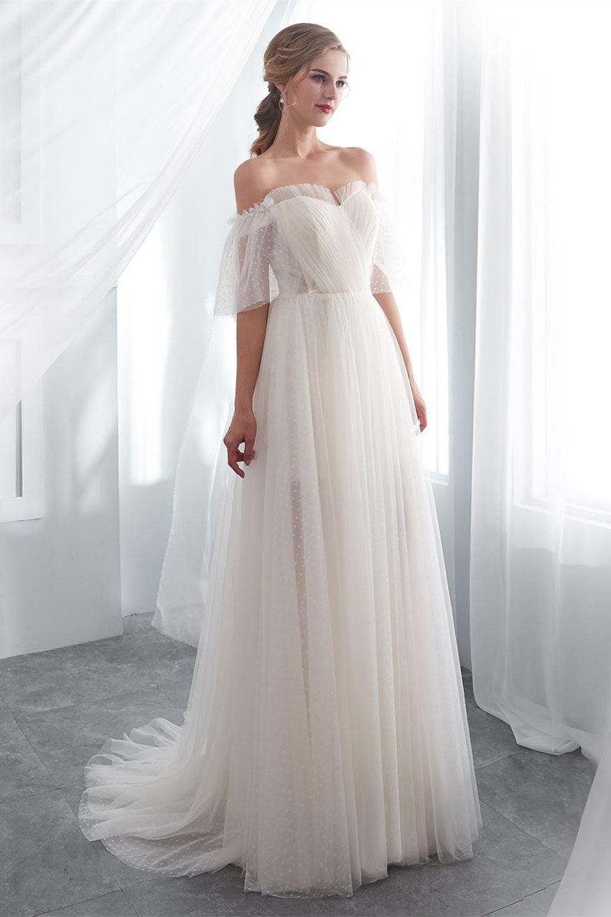 Off-the-Shoulder Tulle Beach Wedding Dress