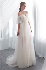 Off-the-Shoulder Tulle Beach Wedding Dress