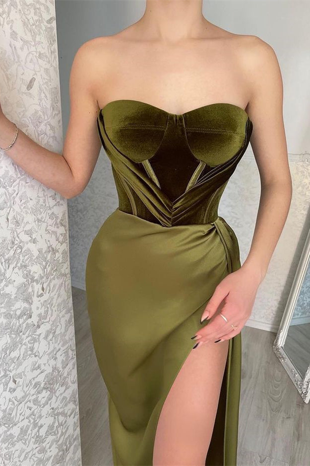 Olive Green Strapless Mermaid Evening Dress with Split
