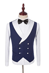 One Button Navy Blue Fashion Slim Fit, Three Pieces with White Shawl Lapel