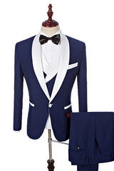 One Button Navy Blue Fashion Slim Fit, Three Pieces with White Shawl Lapel