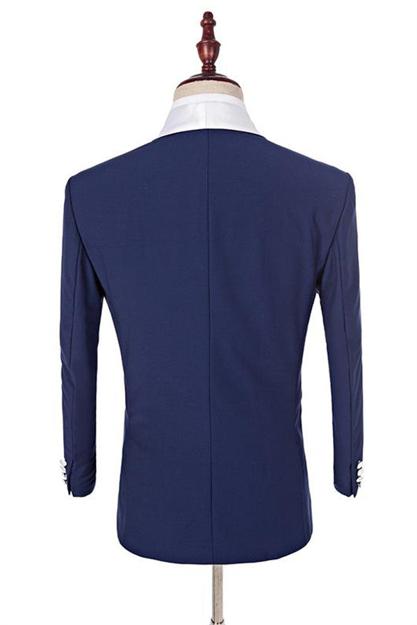 One Button Navy Blue Fashion Slim Fit, Three Pieces with White Shawl Lapel