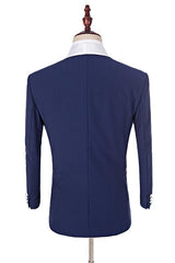 One Button Navy Blue Fashion Slim Fit, Three Pieces with White Shawl Lapel