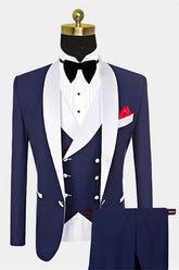One Button Navy Blue Fashion Slim Fit, Three Pieces with White Shawl Lapel