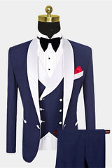 One Button Navy Blue Fashion Slim Fit, Three Pieces with White Shawl Lapel