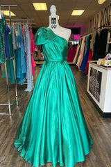 One Shoulder Bow Tie Emerald Green Long Prom Dress