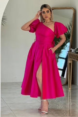 One Shoulder Bubble Sleeve A-Line Prom Dress with Split and Pockets