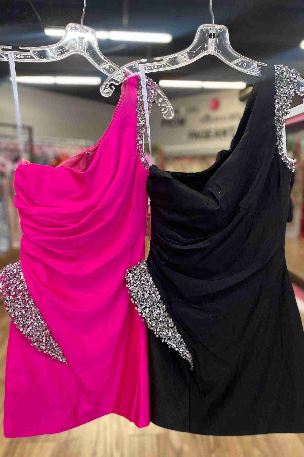 One Shoulder Hot Pink Beaded Tight Homecoming Dress