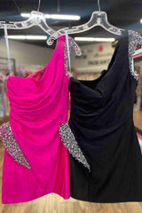 One Shoulder Hot Pink Beaded Tight Homecoming Dress