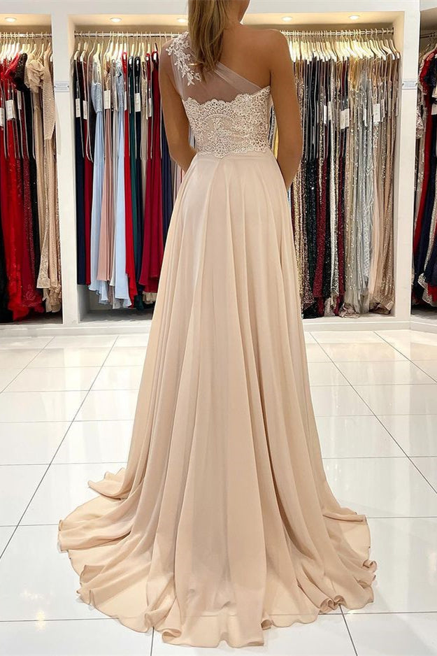 One Shoulder Lace Appliques Prom Dress with Slit