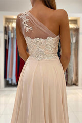 One Shoulder Lace Appliques Prom Dress with Slit