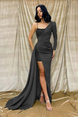 Light Green One Shoulder Long Sleeve Mermaid Prom Dress with Sequins and Split