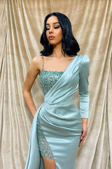 Light Green One Shoulder Long Sleeve Mermaid Prom Dress with Sequins and Split