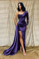 Light Green One Shoulder Long Sleeve Mermaid Prom Dress with Sequins and Split