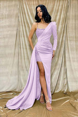 Light Green One Shoulder Long Sleeve Mermaid Prom Dress with Sequins and Split