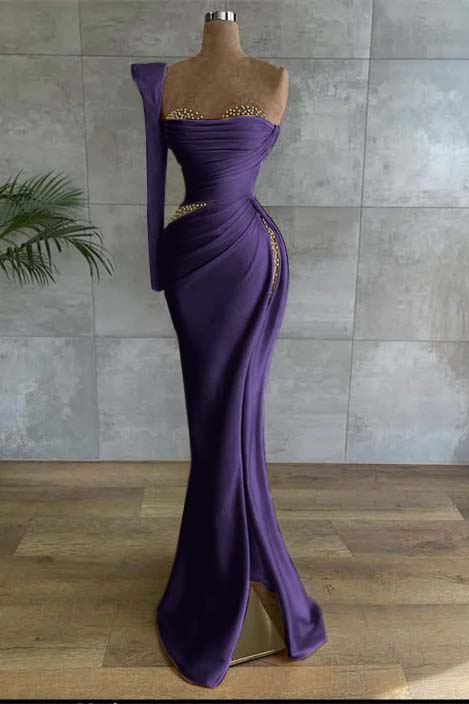 One Shoulder Long Sleeve Long Prom Dress with Beading and Split