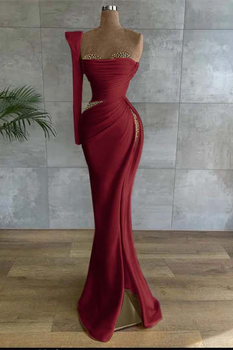 One Shoulder Long Sleeve Long Prom Dress with Beading and Split