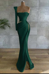 One Shoulder Long Sleeve Long Prom Dress with Beading and Split