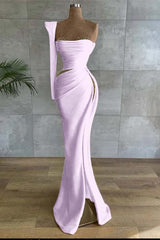 One Shoulder Long Sleeve Long Prom Dress with Beading and Split