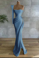 One Shoulder Long Sleeve Long Prom Dress with Beading and Split