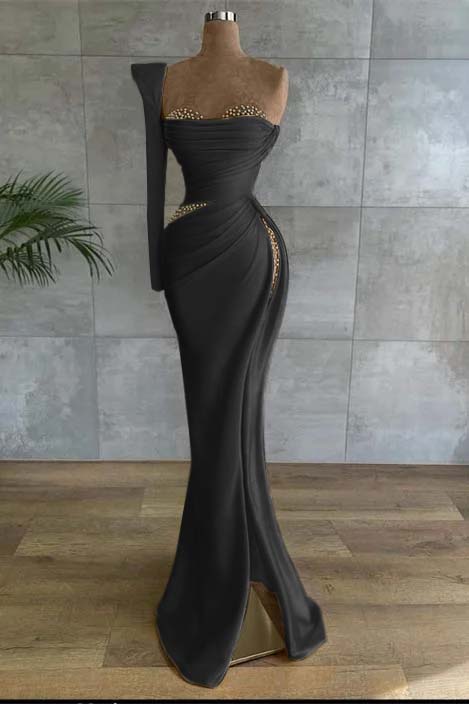 One Shoulder Long Sleeve Long Prom Dress with Beading and Split