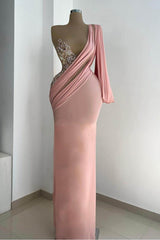One Shoulder Long Sleeve Mermaid Long Prom Dress with Appliques