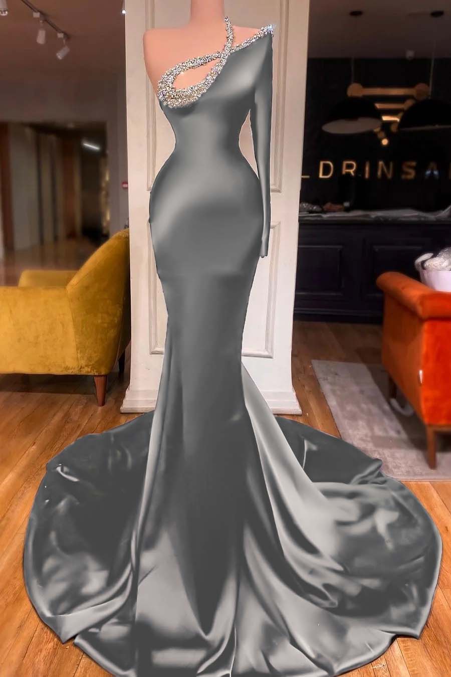 One Shoulder Long Sleeve Mermaid Long Prom Dress with Beading