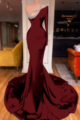 One Shoulder Long Sleeve Mermaid Long Prom Dress with Beading