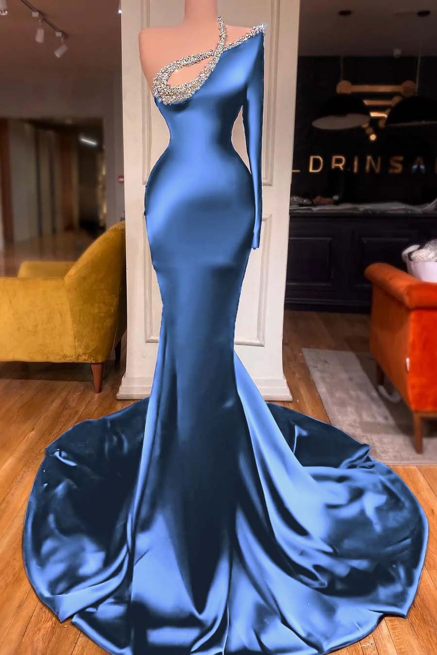 One Shoulder Long Sleeve Mermaid Long Prom Dress with Beading