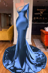 One Shoulder Long Sleeve Mermaid Long Prom Dress with Beading