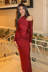 One Shoulder Long Sleeve Mermaid Long Prom Dress with Pleated Details