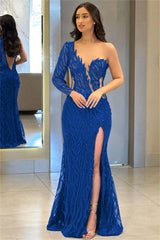 One Shoulder Long Sleeve Backless Mermaid Prom Dress with Split Appliques