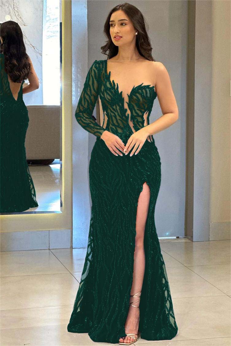 One Shoulder Long Sleeve Backless Mermaid Prom Dress with Split Appliques