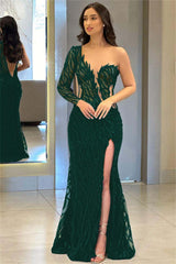 One Shoulder Long Sleeve Backless Mermaid Prom Dress with Split Appliques