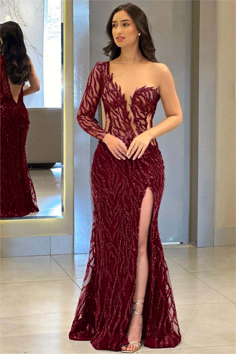 One Shoulder Long Sleeve Backless Mermaid Prom Dress with Split Appliques