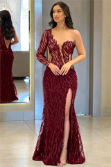One Shoulder Long Sleeve Backless Mermaid Prom Dress with Split Appliques