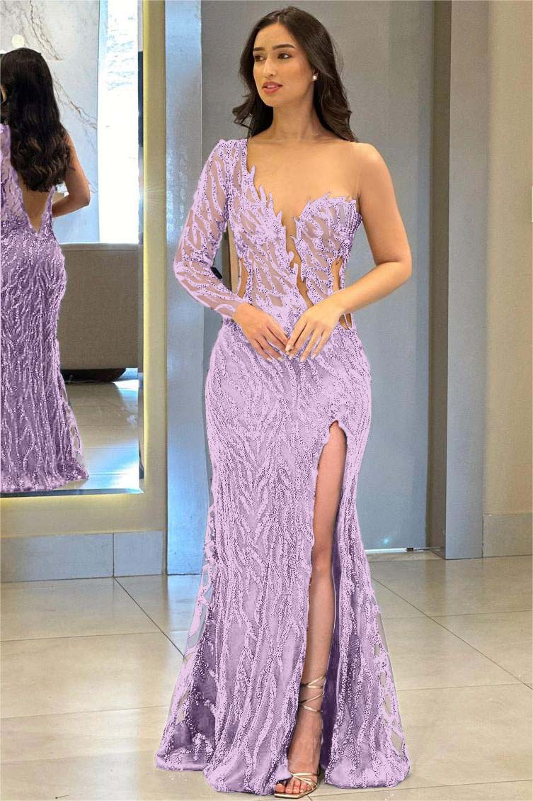 One Shoulder Long Sleeve Backless Mermaid Prom Dress with Split Appliques