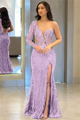 One Shoulder Long Sleeve Backless Mermaid Prom Dress with Split Appliques