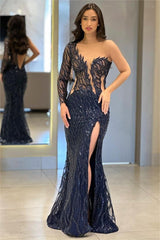 One Shoulder Long Sleeve Backless Mermaid Prom Dress with Split Appliques