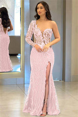 One Shoulder Long Sleeve Backless Mermaid Prom Dress with Split Appliques
