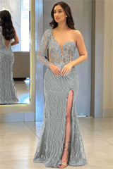 One Shoulder Long Sleeve Backless Mermaid Prom Dress with Split Appliques