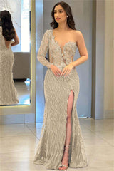 One Shoulder Long Sleeve Backless Mermaid Prom Dress with Split Appliques