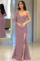 One Shoulder Long Sleeve Backless Mermaid Prom Dress with Split Appliques
