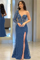 One Shoulder Long Sleeve Backless Mermaid Prom Dress with Split Appliques