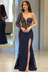 One Shoulder Long Sleeve Backless Mermaid Prom Dress with Split Appliques