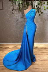 Ocean Blue One Shoulder Mermaid Long Prom Dress with High Split