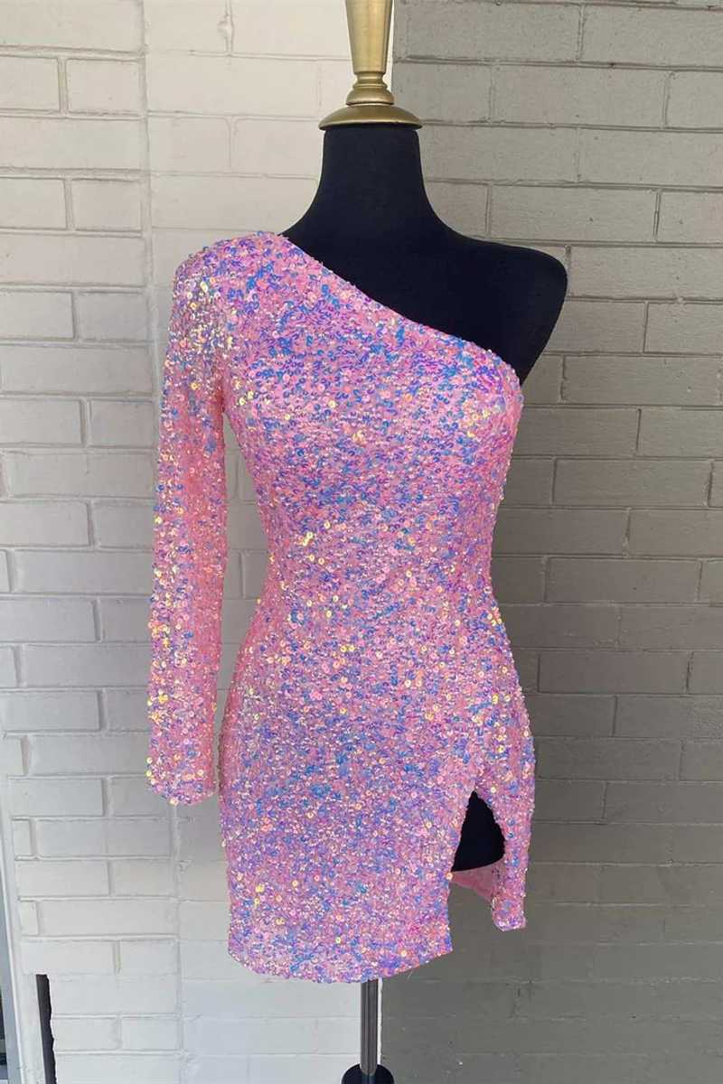 One Shoulder Sequined Homecoming Dress Hot Pink Long Sleeve