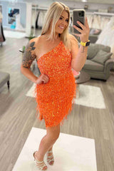 One Shoulder Sequined Orange Mini Homecoming Dress with Ferather